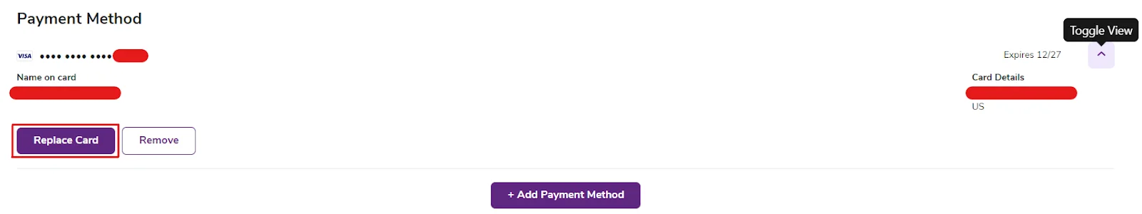 Configuración del método de pago de ZeroBounce, que muestra una tarjeta registrada y un cuadro rojo que resalta el botón “Reemplazar tarjeta”.
