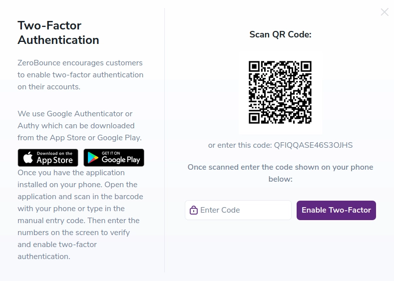 QR code window for enabling Two Factor Authentication on your ZeroBounce account