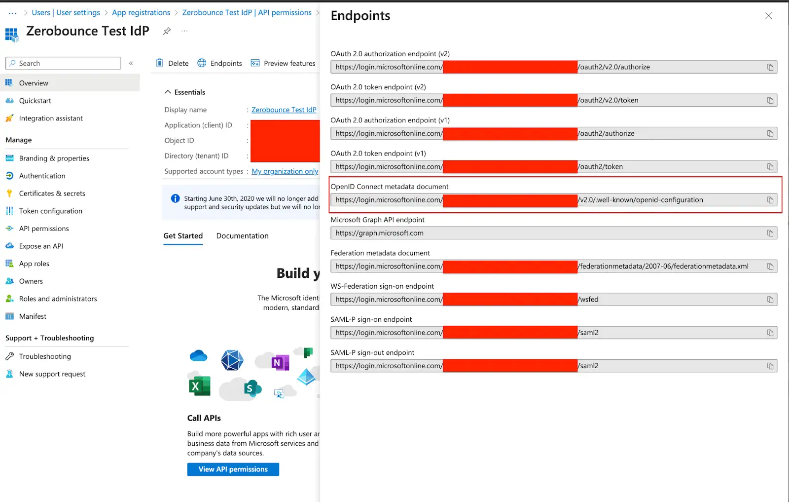 El secreto de cliente copiado en la configuración de Certificados y secretos