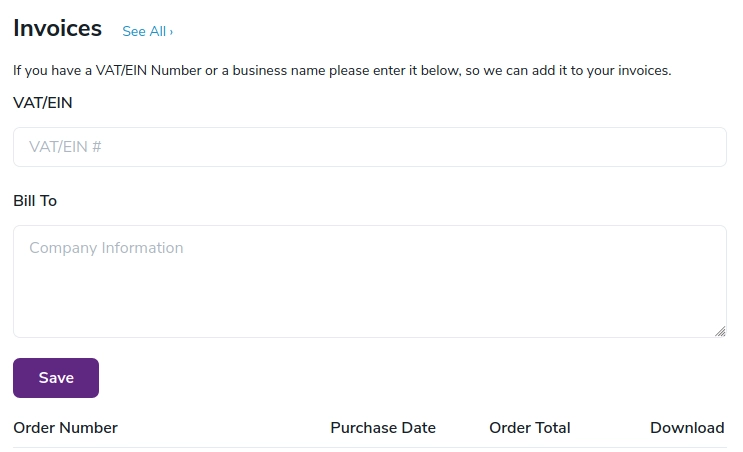 La sección de facturas de su cuenta de ZeroBounce con los campos de texto para el número de identificación tributaria y los detalles de "Factura para"