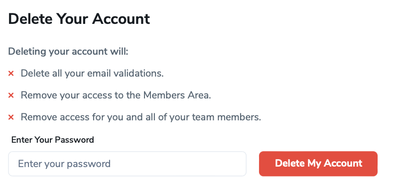 La sección Eliminar su cuenta de ZeroBounce con sus campo Contraseña y su botón Borrar cuenta