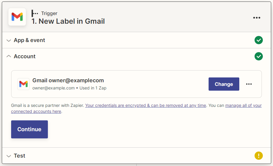 Captura de pantalla de una cuenta de Gmail conectada a la integración de Zapier