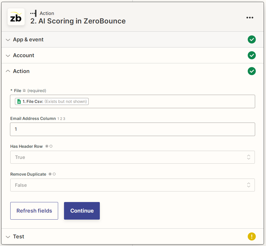 Zapier ZeroBounce AI Scoring parameters for a new action