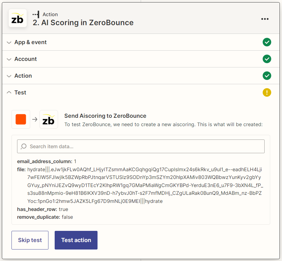 Captura de pantalla de la prueba de calificación por inteligencia artificial de ZeroBounce de Zapier