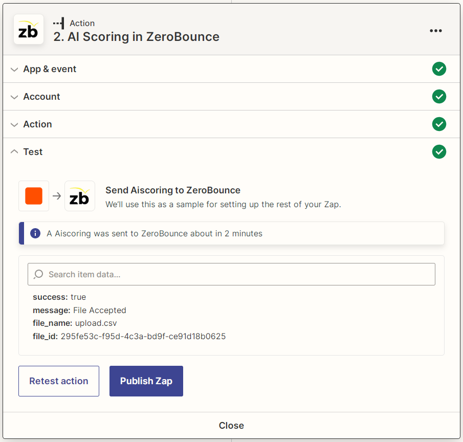 Captura de pantalla de los resultados de la prueba de calificación por inteligencia artificial de ZeroBounce de Zapier