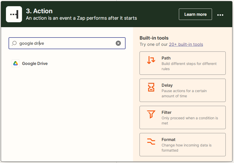 Captura de pantalla de la herramienta de nueva acción de Zapier que muestra la opción Google Drive