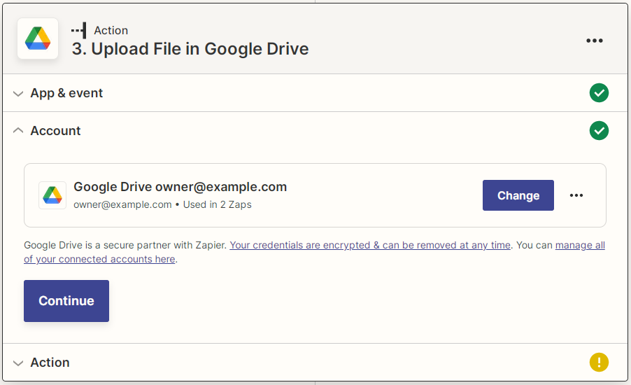 Captura de pantalla de cuenta de Google Drive vinculada a Zapier