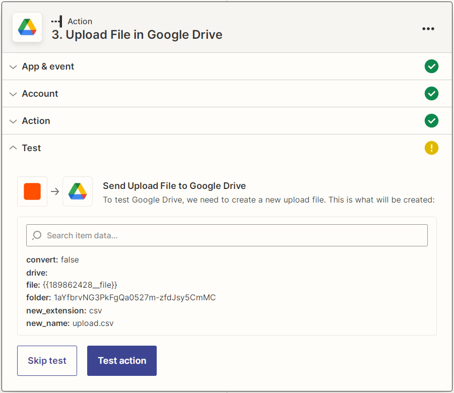 Captura de pantalla de la prueba de carga del archivo de Google Drive de Zapier