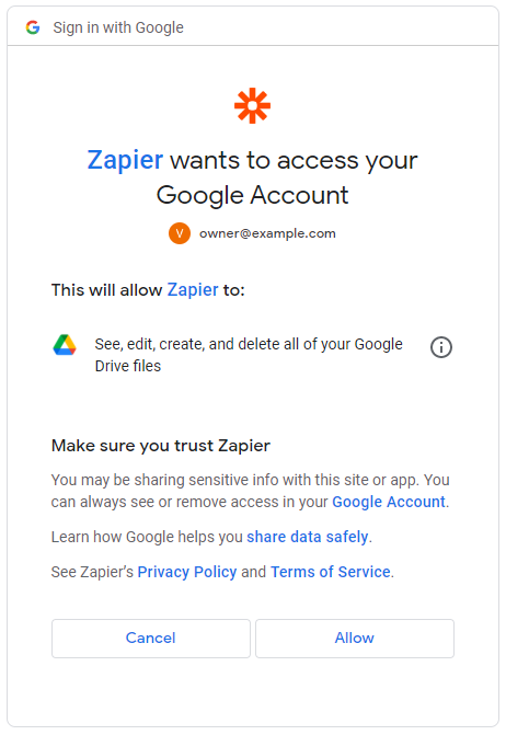 Recuadro emergente de permisos de Google Drive que otorga acceso para la integración de Zapier