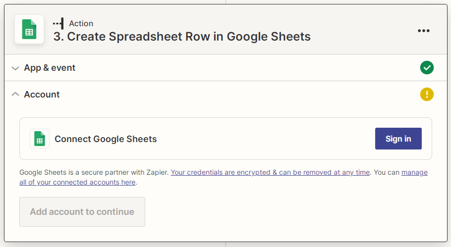 Captura de pantalla de pedido de conexión a Google Sheets de Zapier