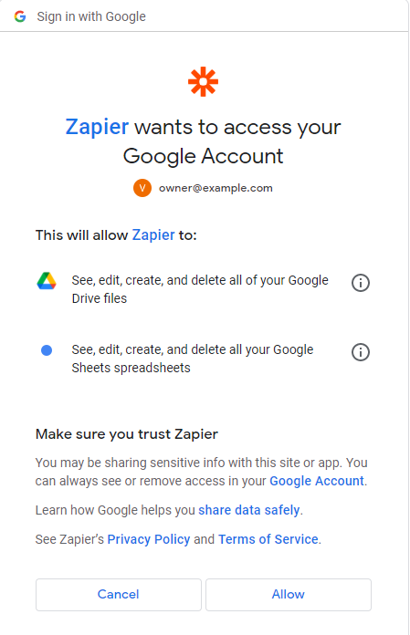 Recuadro emergente de permisos de Google Sheets que otorga acceso para la integración de Zapier