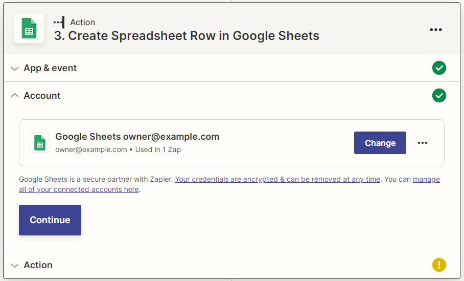Captura de pantalla de cuenta de Google Sheets conectada a Zapier