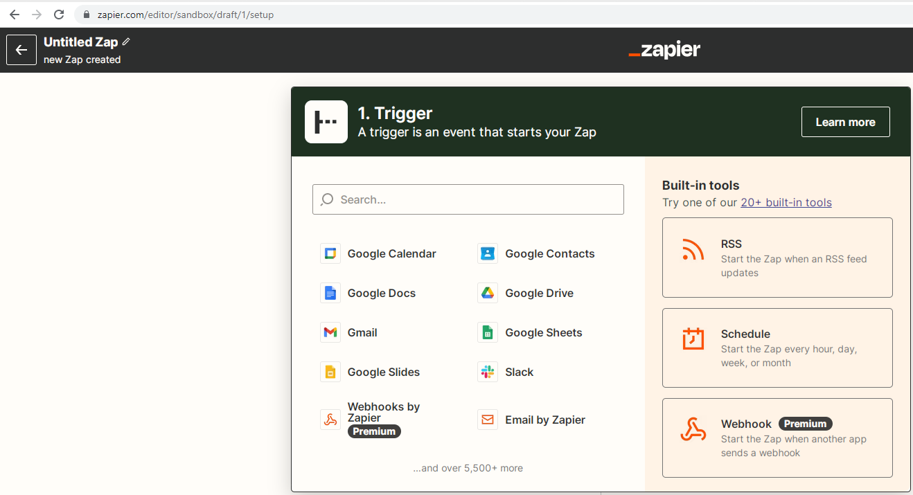 Captura de pantalla de la interfaz de nuevo activador de Zapier