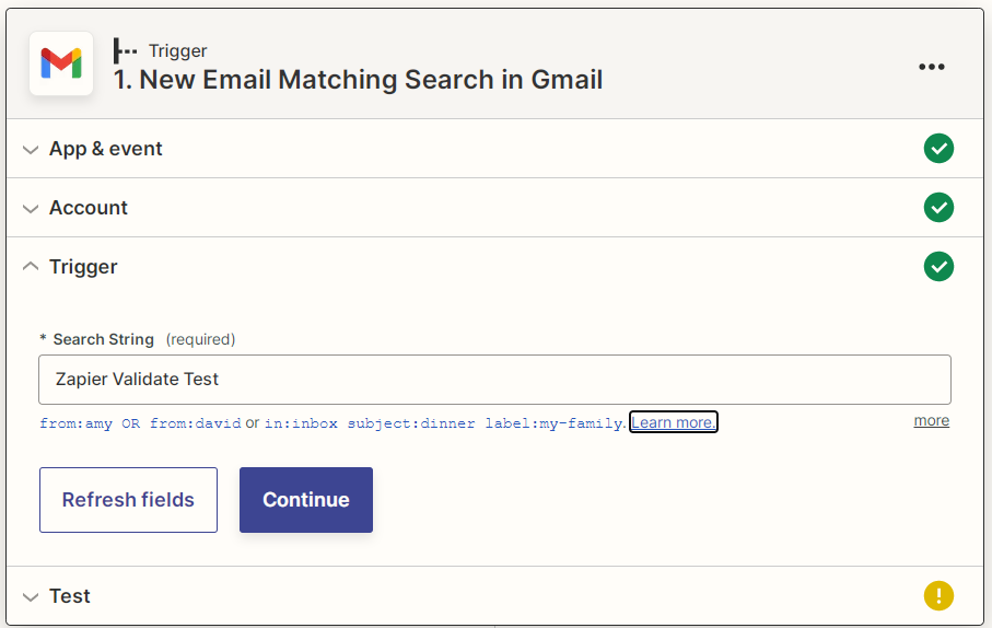 Captura de pantalla de cadena de búsqueda de Gmail de Zapier