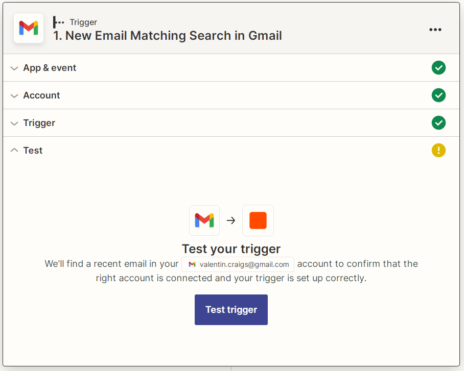 Captura de pantalla de prueba de activador de Gmail de Zapier