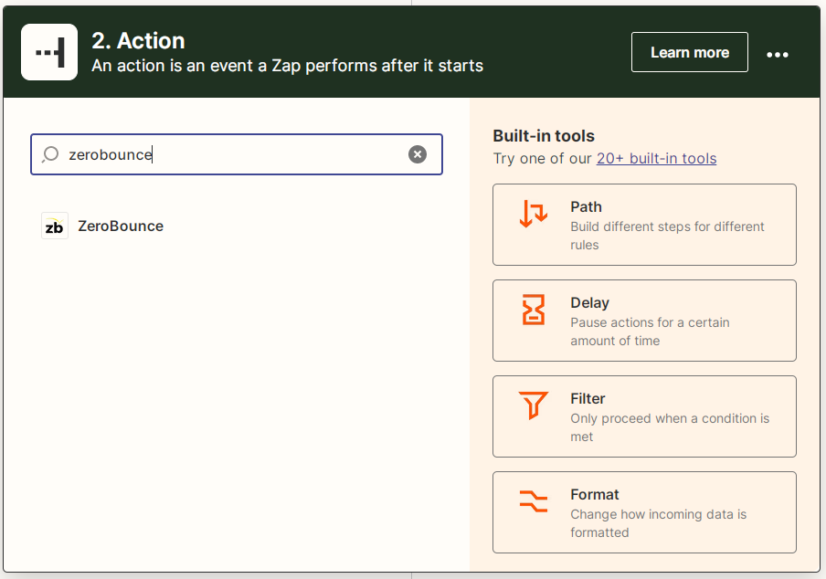 Captura de pantalla de la herramienta de creación de una nueva acción en Zapier