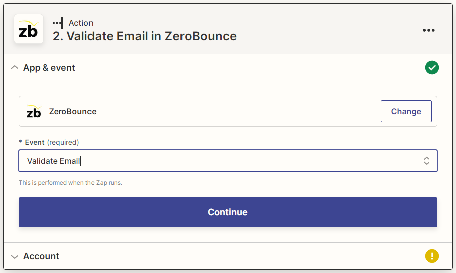 Captura de pantalla que muestra cómo seleccionar la acción Validar correo electrónico para la integración de Zapier de ZeroBounce
