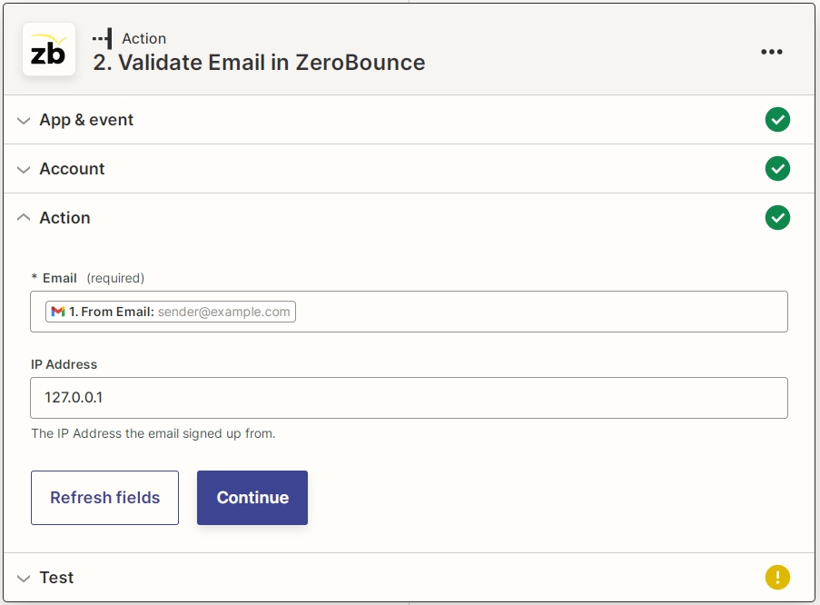 Captura de pantalla de la acción Validar correo electrónico de ZeroBounce de Zapier que muestra los campos correo electrónico y dirección IP
