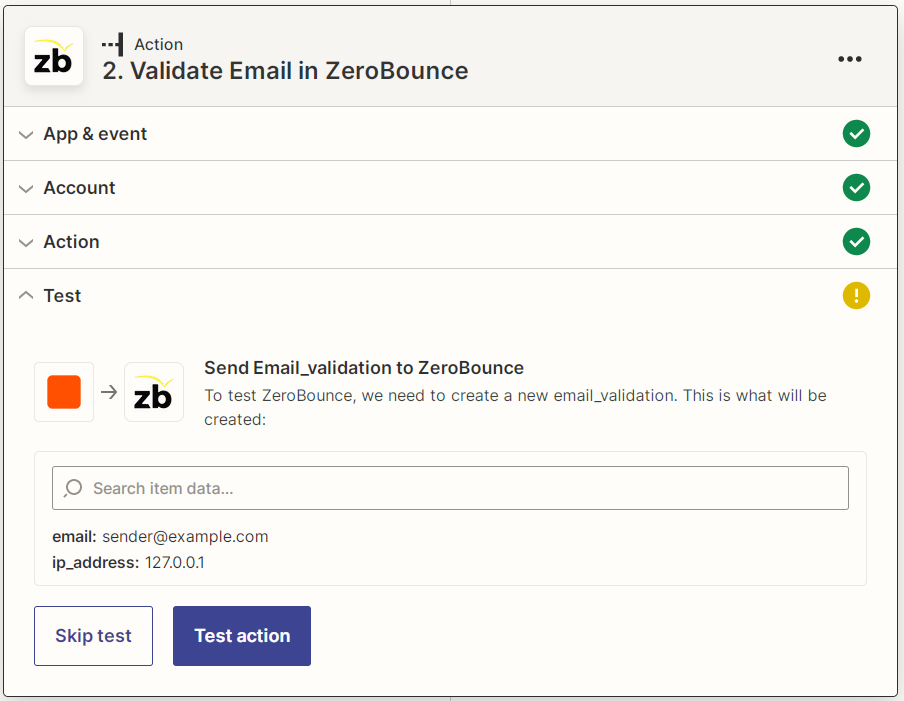 Captura de pantalla que muestra cómo probar la acción Validar correo electrónico usando la integración de Zapier