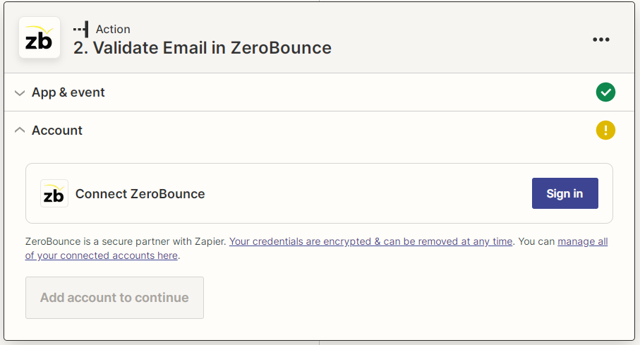 ZeroBounce sign-in interface for the Zapier integration
