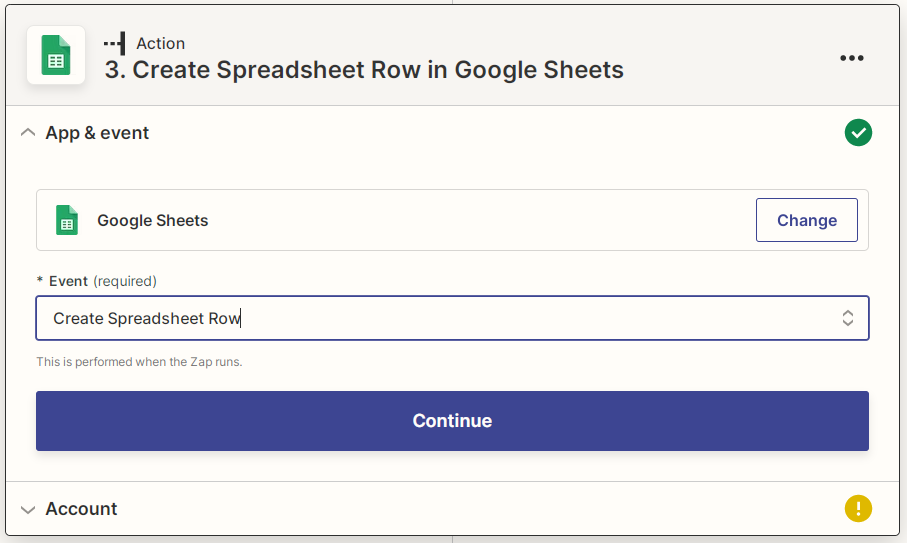 Captura de pantalla de una nueva acción de evento de Google Sheets de Zapier