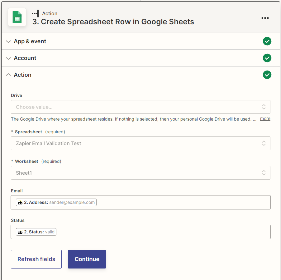 Screenshot showing how to create a Google Sheets spreadsheet row for the Zapier integration