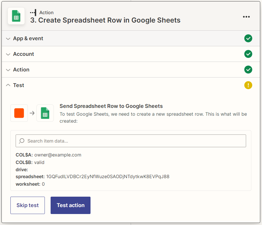 Captura de pantalla de prueba de acción de Google Sheets de Zapier