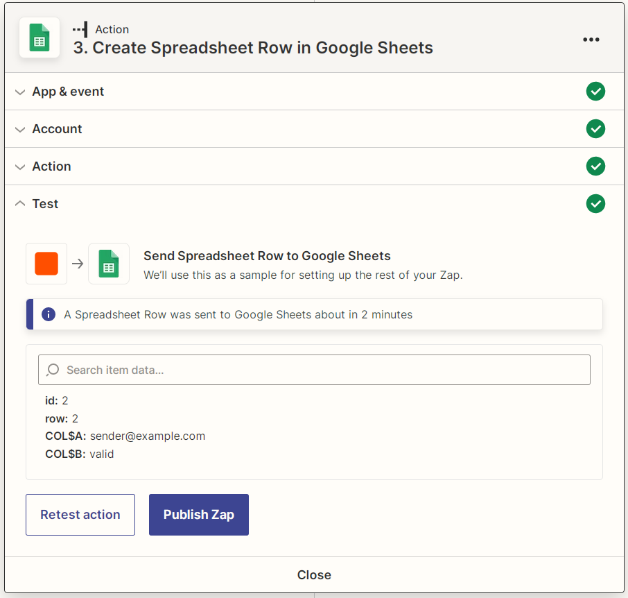 Zapier Google Sheets action test results screenshot