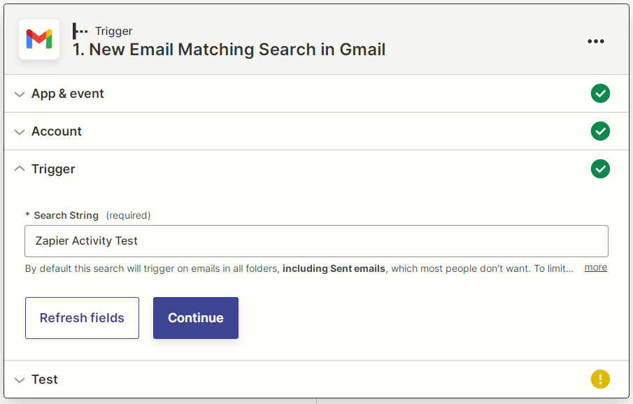 Screenshot showing the Gmail Search String field for your new Zapier trigger