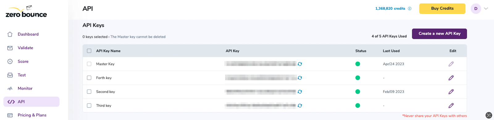 ZeroBounce API Key interface screenshot