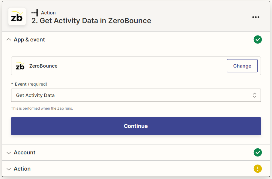 Screenshot showing how to select the Get Activity Data event for the ZeroBounce Zapier integration