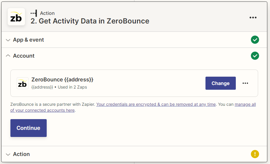 Captura de pantalla de cuenta de ZeroBounce conectada a Zapier