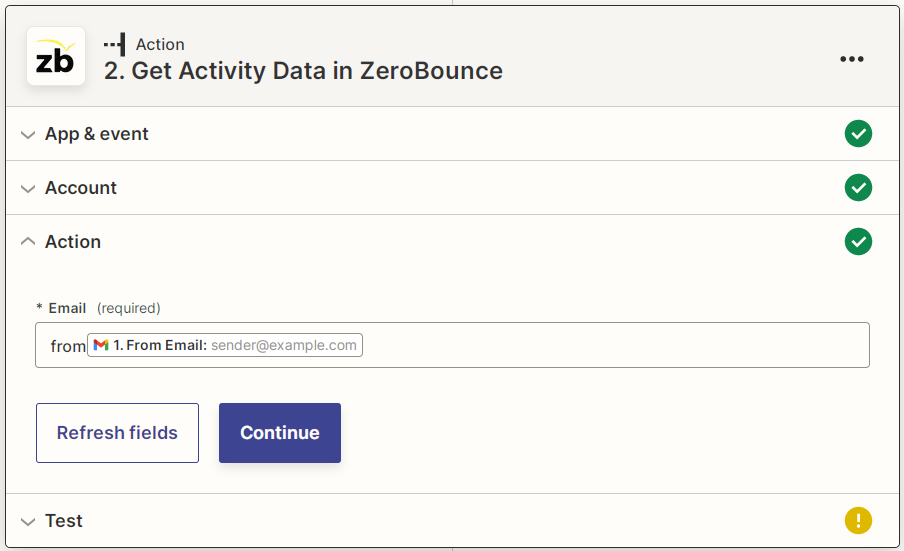 Captura de pantalla de los parámetros para Obtener datos de actividad de ZeroBounce de Zapier
