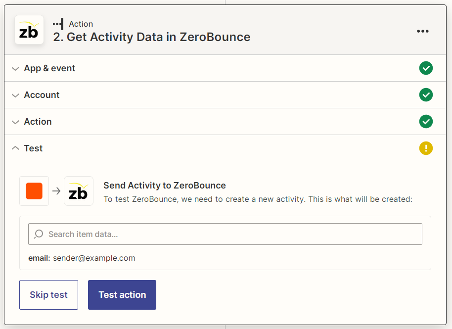 Captura de pantalla de la prueba de la acción para Obtener datos de actividad de ZeroBounce de Zapier