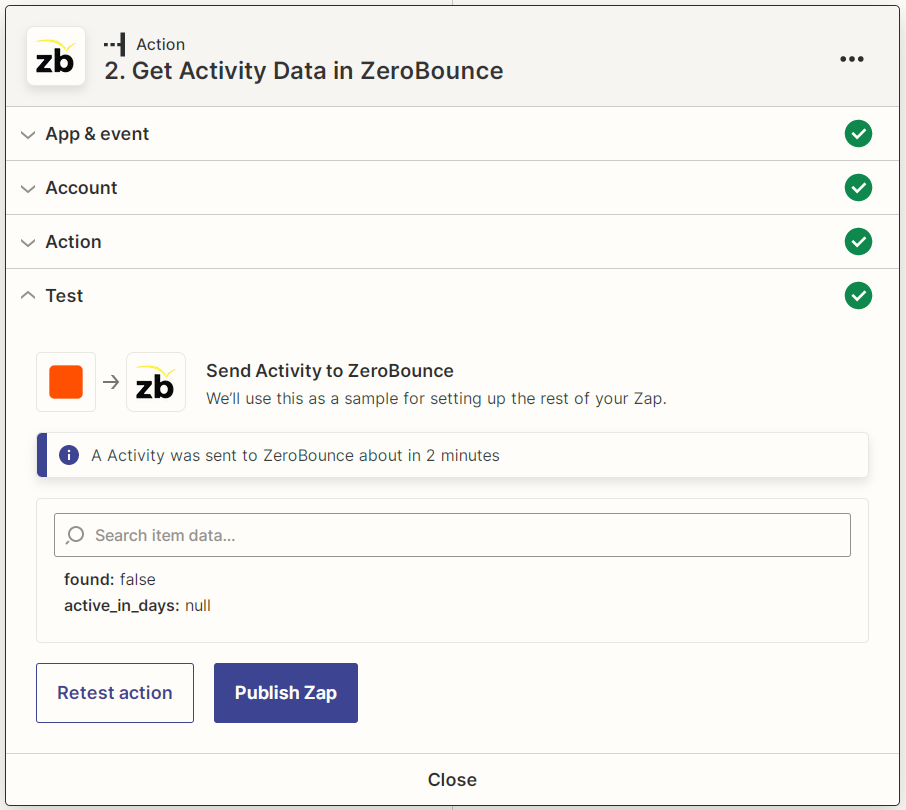 Captura de pantalla de los resultados de la prueba de la acción para Obtener datos de actividad de ZeroBounce de Zapier