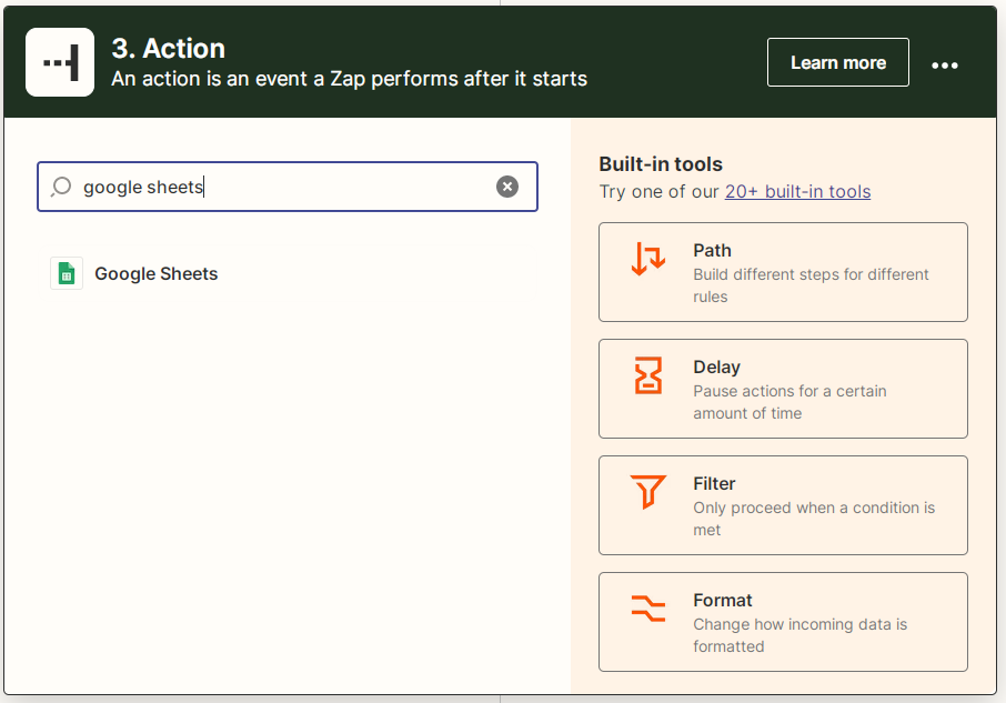 Captura de pantalla que muestra cómo encontrar Google Sheets para crear una nueva acción para la integración de Zapier