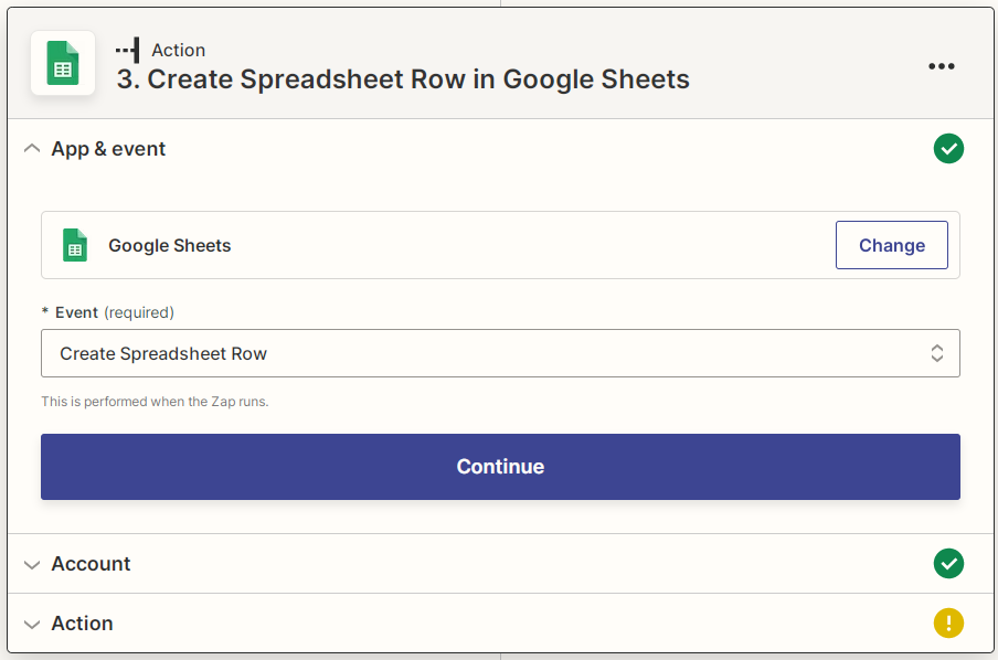 Captura de pantalla de Crear fila de hoja de cálculo de Google Sheets de Zapier
