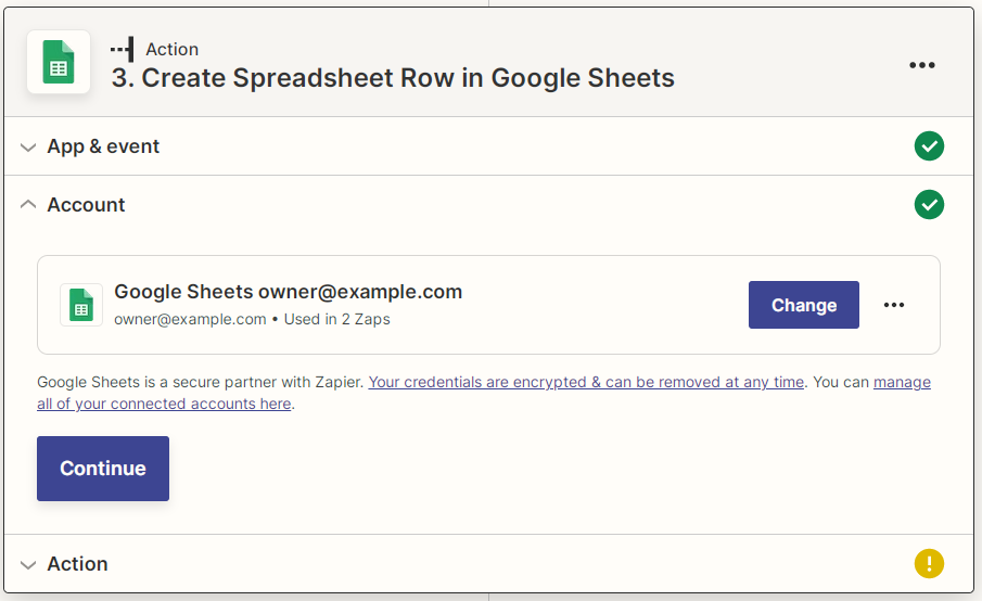 Captura de pantalla de cuenta de Google Sheets conectada a Zapier