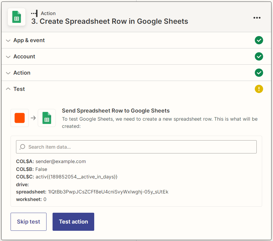 Zapier Google Sheets Create SpreadSheet Row test action screenshot