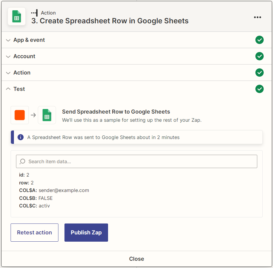 Zapier Google Sheets Create Spreadsheet Row action test results screenshot