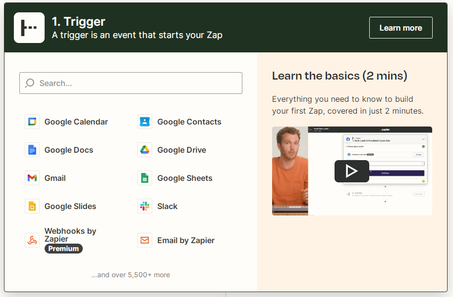 Captura de pantalla de la herramienta de creación de un nuevo activador de Zapier