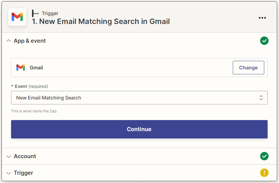 Captura de pantalla de Nuevo correo electrónico que coincide con la búsqueda de Gmail de Zapier