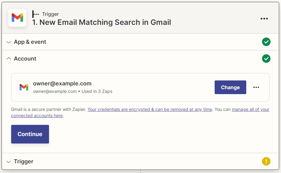 Captura de pantalla de cuenta de Gmail conectada a Zapier