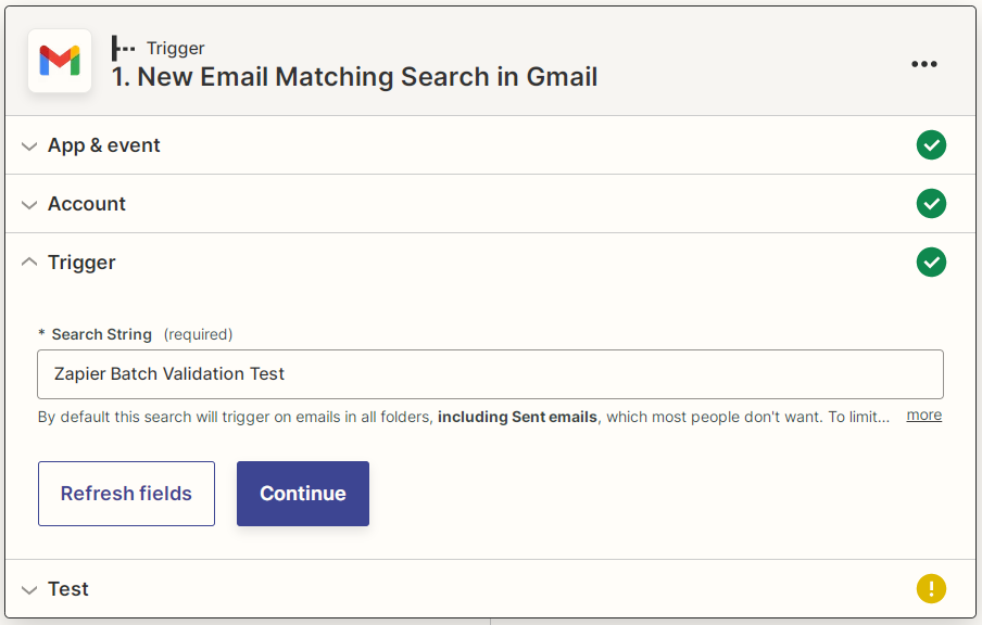 Captura de pantalla de la cadena de búsqueda Nuevo correo electrónico que coincide con la búsqueda de Gmail de Zapier