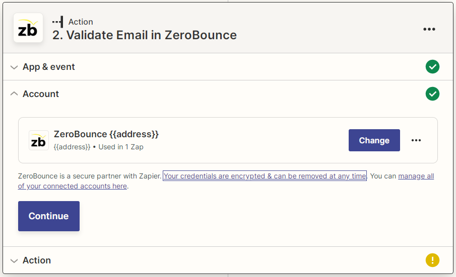 Screenshot of a ZeroBounce account connected to Zapier