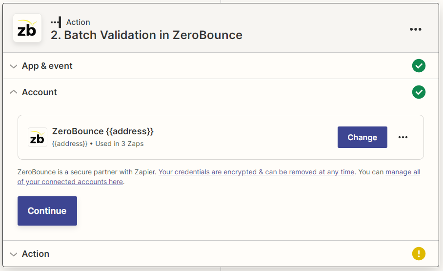 Zapier ZeroBounce connected account screenshot