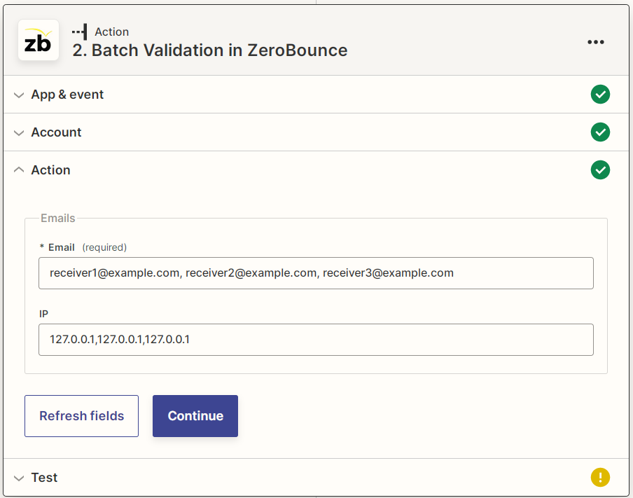 Captura de pantalla de los parámetros de validación en lotes (correo electrónico e IP) de ZeroBounce de Zapier