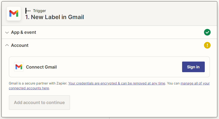 Screenshot of the Gmail connection screen for the Zapier integration
