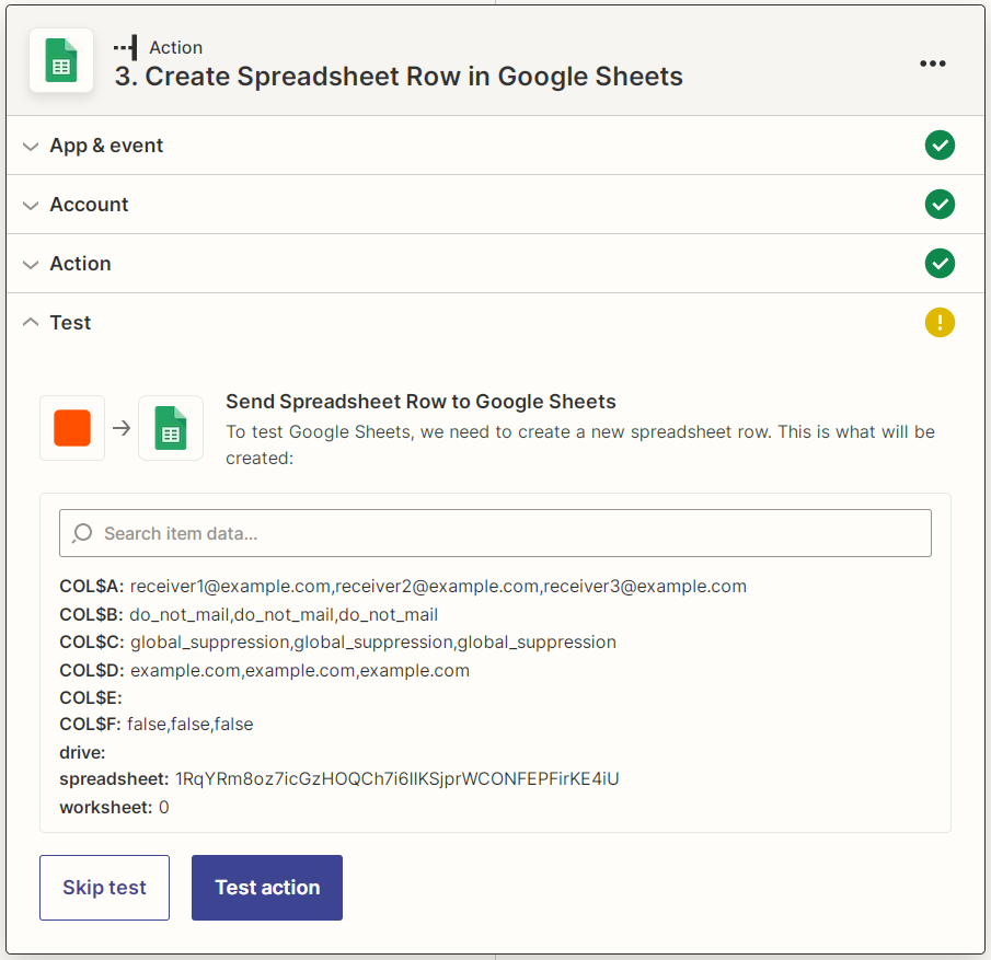 Captura de pantalla de la prueba de la acción Crear fila de hoja de cálculo de Google Sheets de Zapier