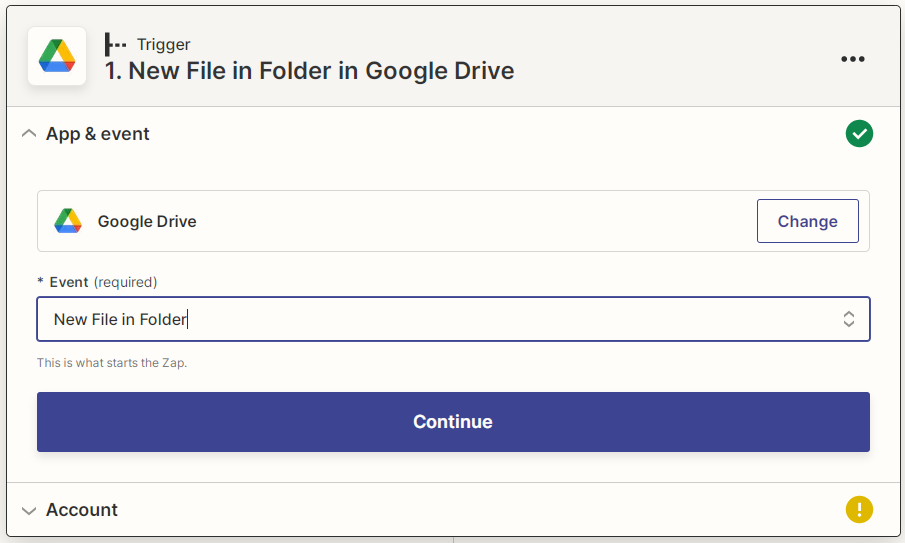 Captura de pantalla que muestra cómo crear el evento Nuevo archivo en carpeta para Google Drive de Zapier